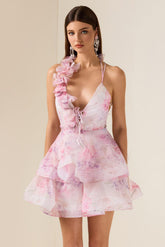 3D Flower Chiffon Ruffle Mini Dress