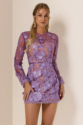 Embroidered Long Sleeve Round Neck Mini Dress