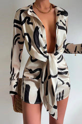 Lapel Long Sleeve Tie Knot Front Printed Mini Dress