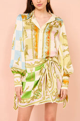 Long Sleeves Button Up Tie Waist Unique Print Wrap Mini Dress