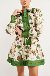 Long Lantern Sleeves Button Up Unique Print Mini Dress