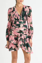 Floral Long Sleeve V-Neck Pleated Mini Dress Pink