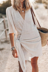 V Neck Tie Knot Cotton Linen Wrap Mini Dress