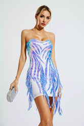 Salem Blue Irregular Sequin Fringe Mini Dress