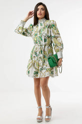Paisley Stand Collar Lantern Sleeve Mini Dress