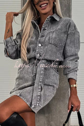 Adele Denim Button Up Belt Pocketed Long Sleeve Mini Dress