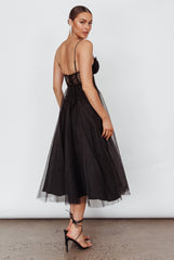 Trophy Lace Bodice Mesh Midi Dress Black