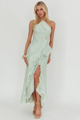 Nerisse Textured Frill Halter Maxi Dress Sage