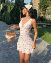 Cherry Print Deep V-Neck Mini Dress