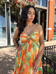 Alara Orange Floral Pleated Maxi Dress