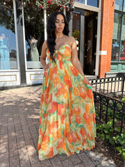 Alara Orange Floral Pleated Maxi Dress