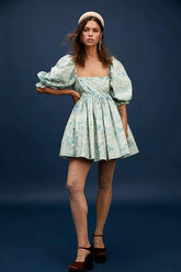 Puff Sleeve Square Collar Ruffle Hem Print Mini Dress