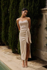 Yadira Sequin Bodice Satin Midi Dress Nude