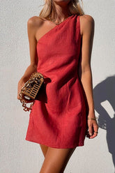 One Shoulder Sleeveless Cotton Linen Mini Dress