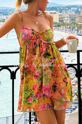 Floral Print Sling Lace Up Ruffled Mini Dress