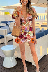 V Neck Puff Sleeves Embroidered Floral Mini Dress