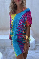 Cold Shoulder Short Sleeve Tie Dye Mini Dress