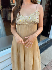 Faye Gold Sequin Pleated Maxi Dress