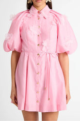 3D Flower Puff Sleeve Metal Button Mini Dress