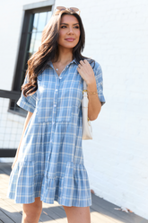 Whitney Blue Plaid Flannel Mini Dress