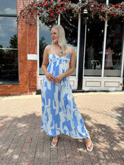Vera Blue Geometric Linen Maxi Dress