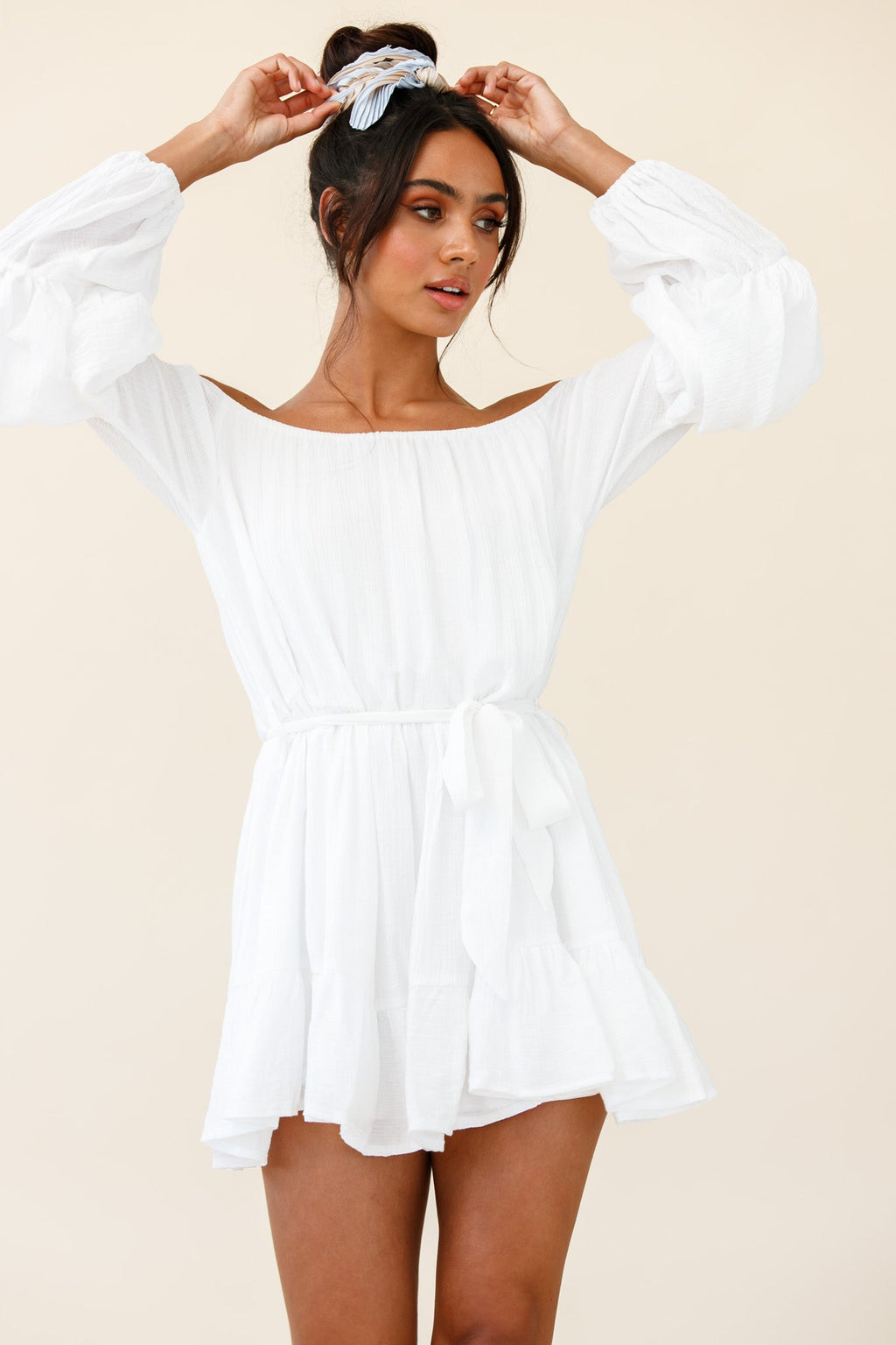 Frida Off-Shoulder Waist Tie Dress White