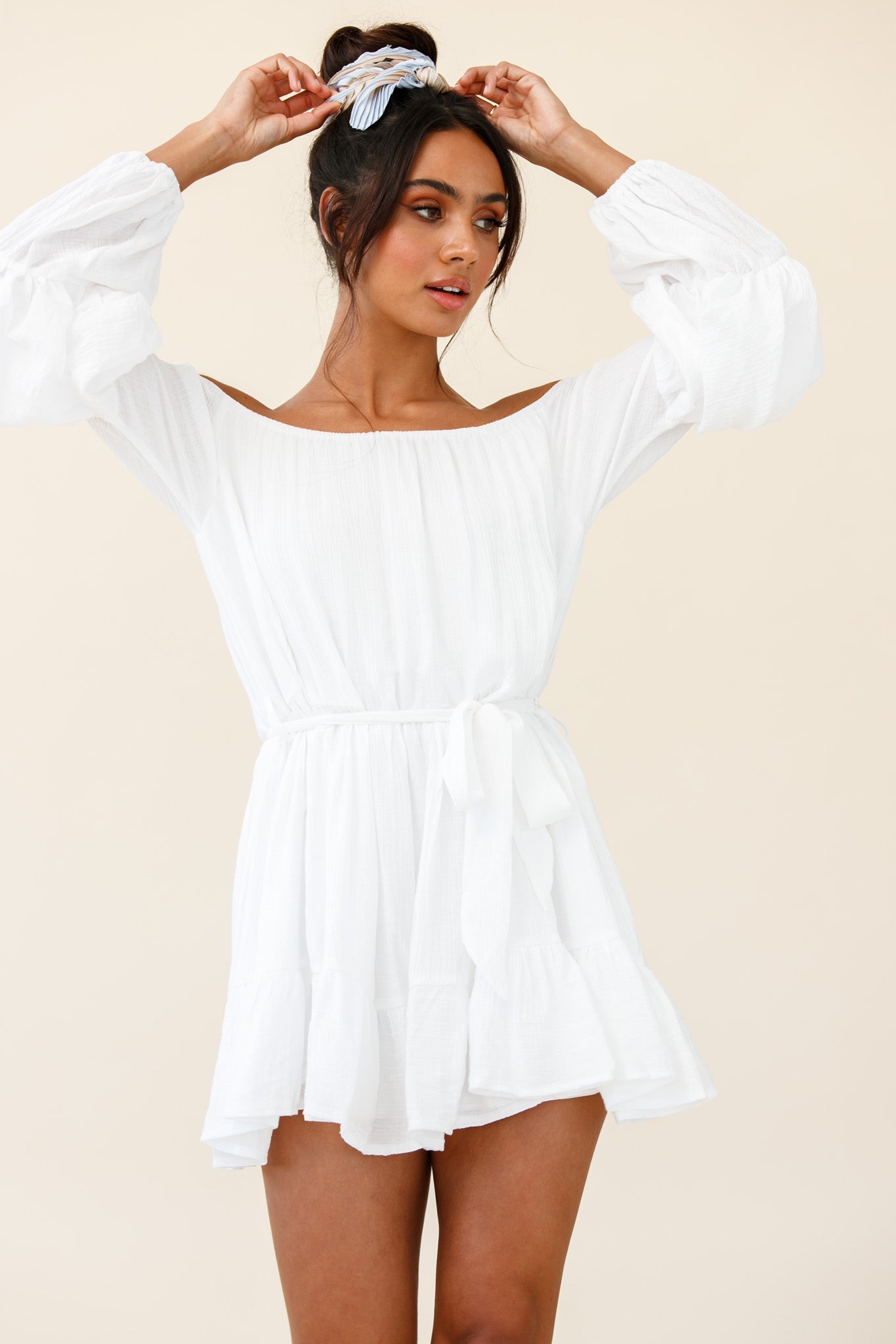 Frida Off-Shoulder Waist Tie Dress White