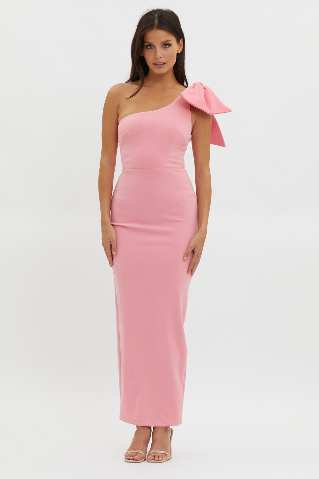 Tiffany One-Shoulder Bow Maxi Dress Pink