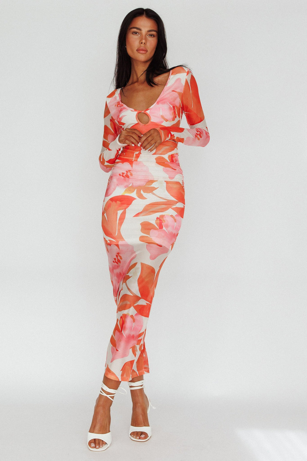 Chardae Long Sleeve Mesh Midi Dress Floral Pink