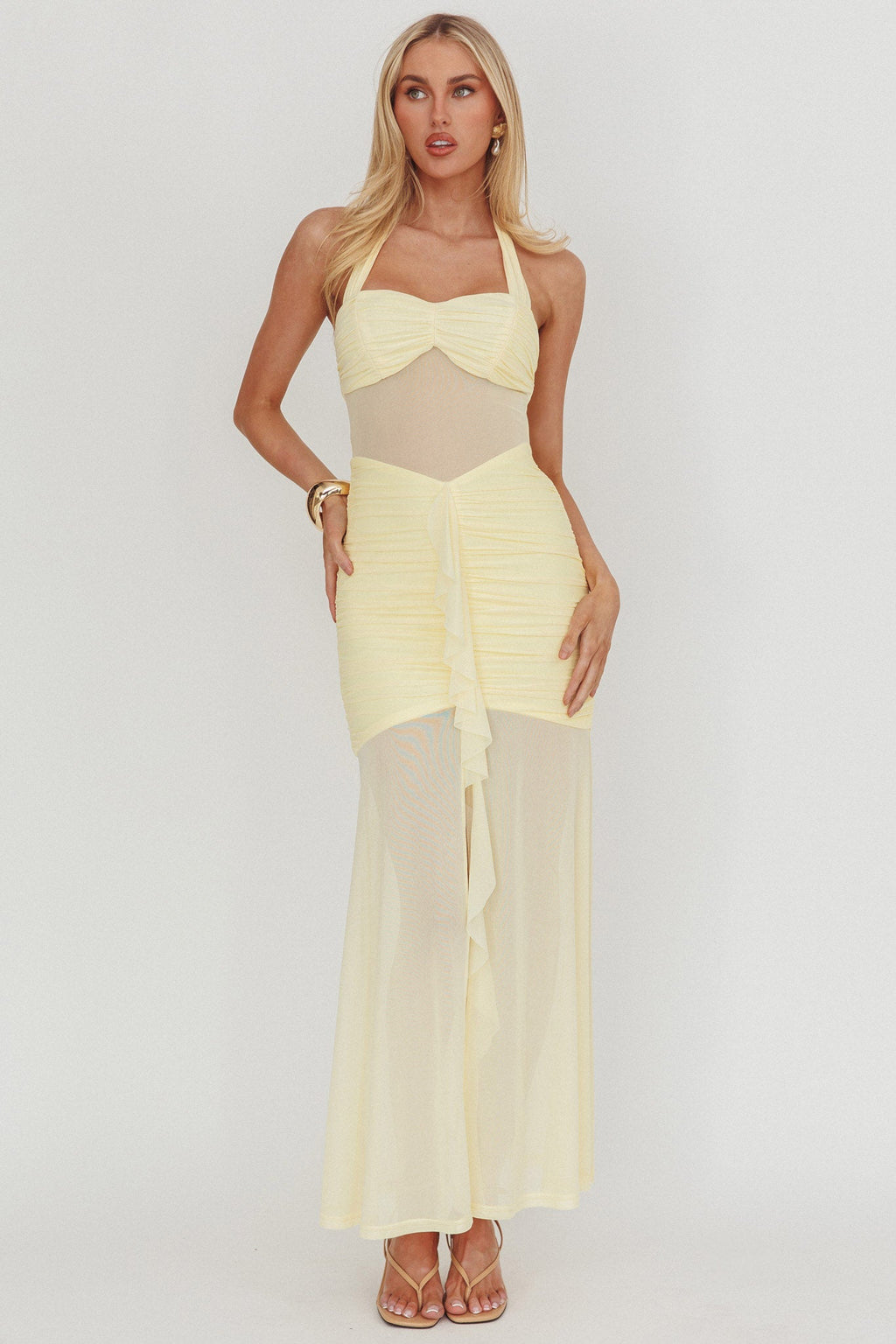 Rayah Sheer Insert Ruched Maxi Dress Yellow
