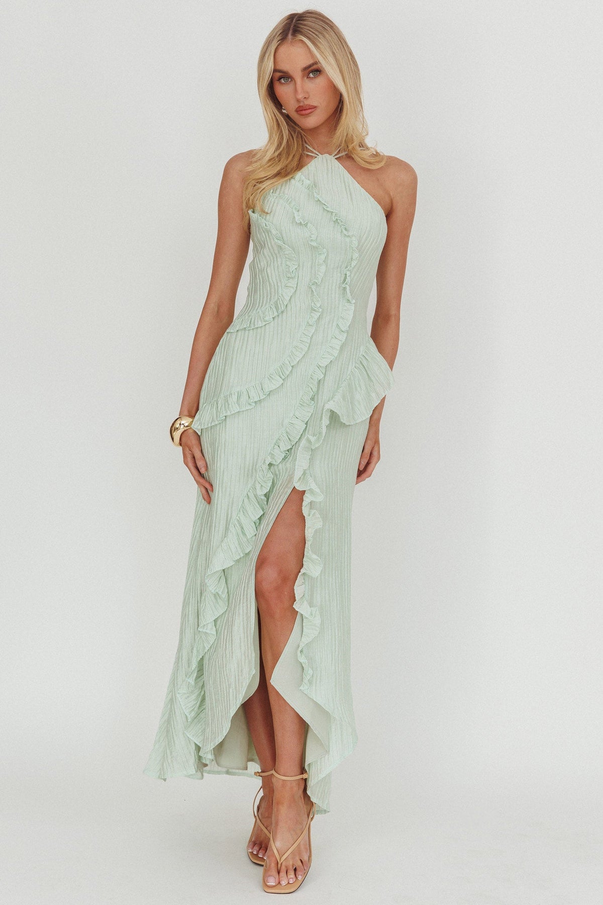 Nerisse Textured Frill Halter Maxi Dress Sage