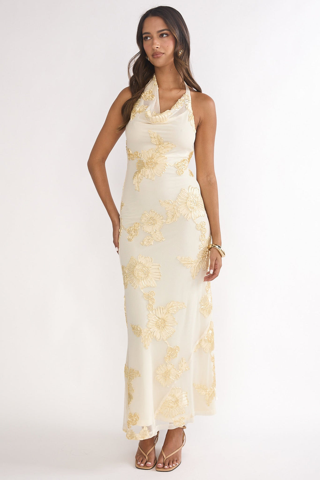 Kirralee Asymmetric Halterneck Embellished Maxi Dress Yellow