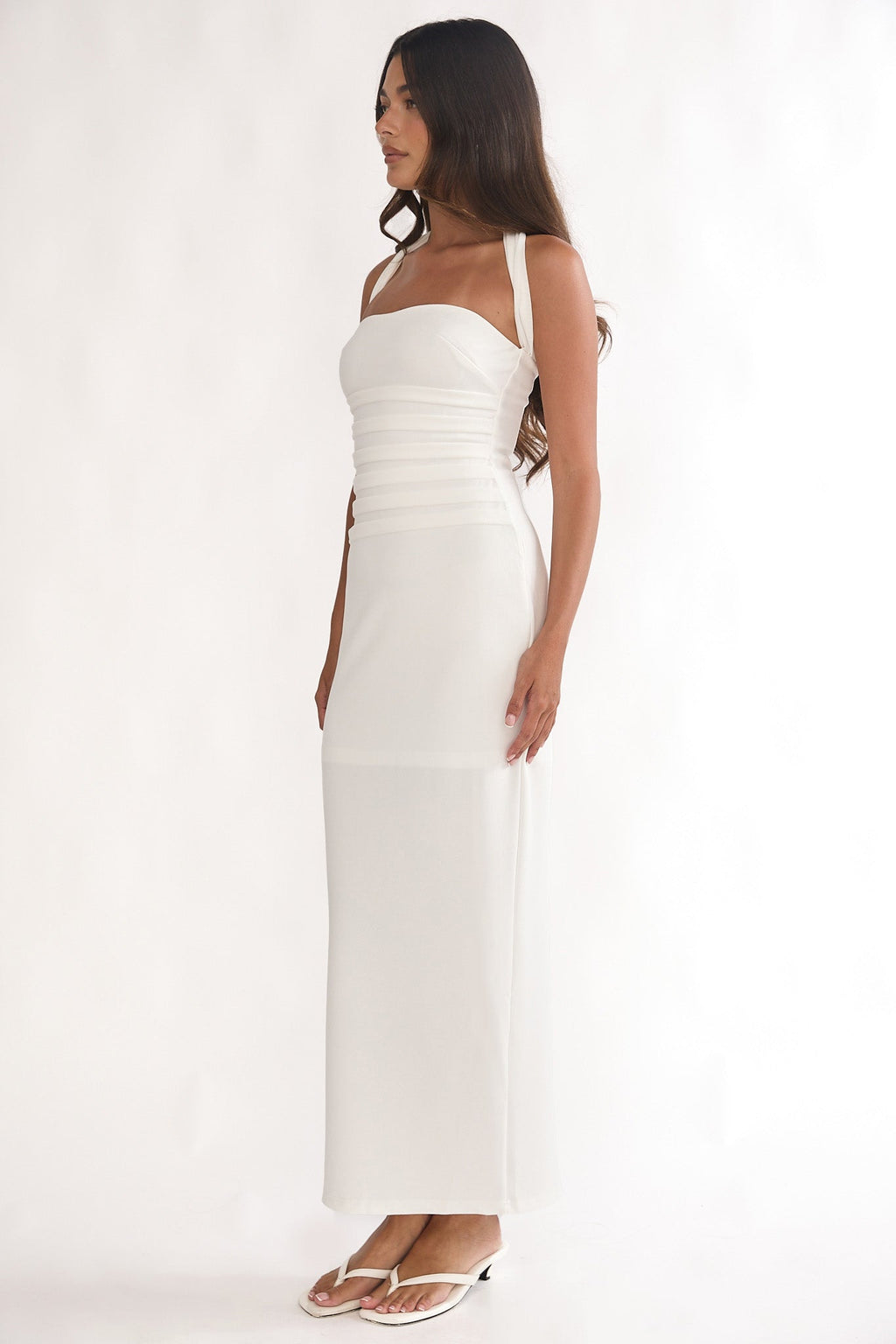 Fly Me To Paris Pleat Bodice Halterneck Maxi Dress White