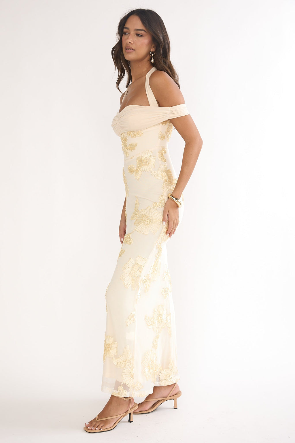 Fleurie Halter Off-Shoulder Maxi Dress Embellished Yellow