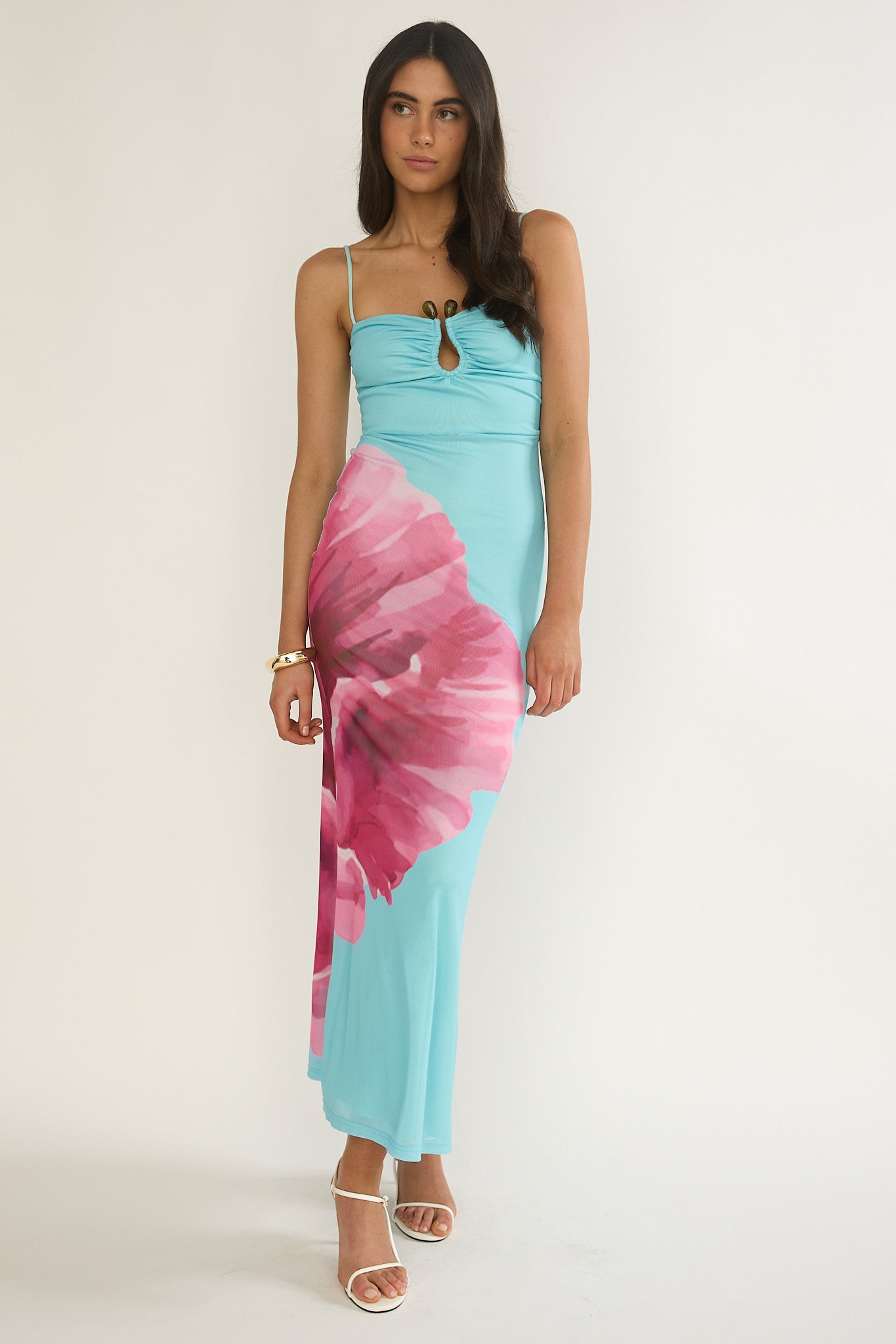 Orabella Waterdrop Wire Bust Maxi Dress Floral Aqua