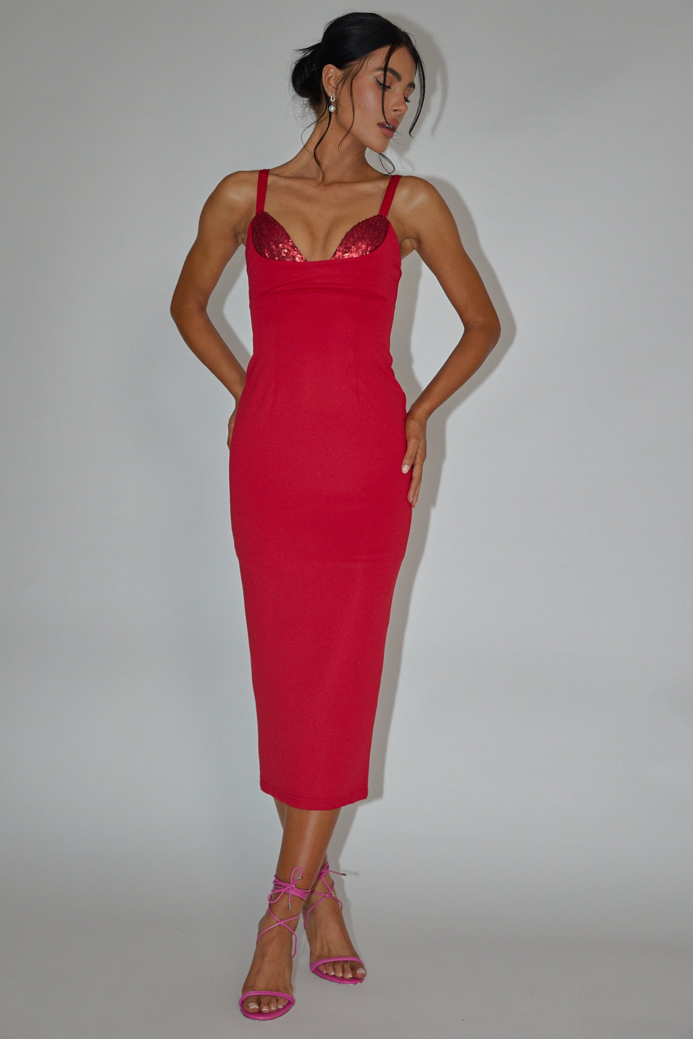 La Bellevilloise Sequin Bust Midi Dress Red