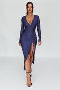 Evening Dusk Long Sleeve Ruched Split Dress Navy