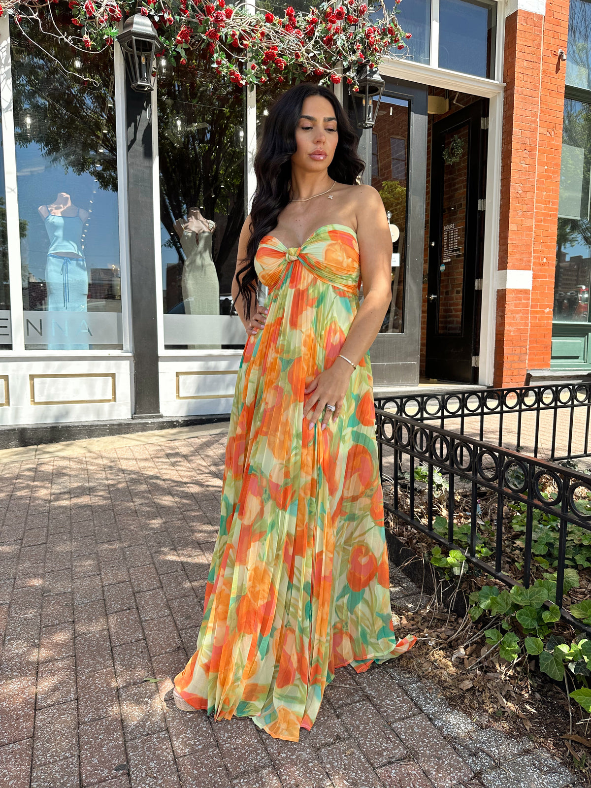 Alara Orange Floral Pleated Maxi Dress