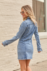 My Favorite Stretchy Long Sleeve Denim Pocket Mini Dress