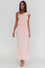 Sugar High Asymmetric Shoulder Drape Maxi Dress Pink