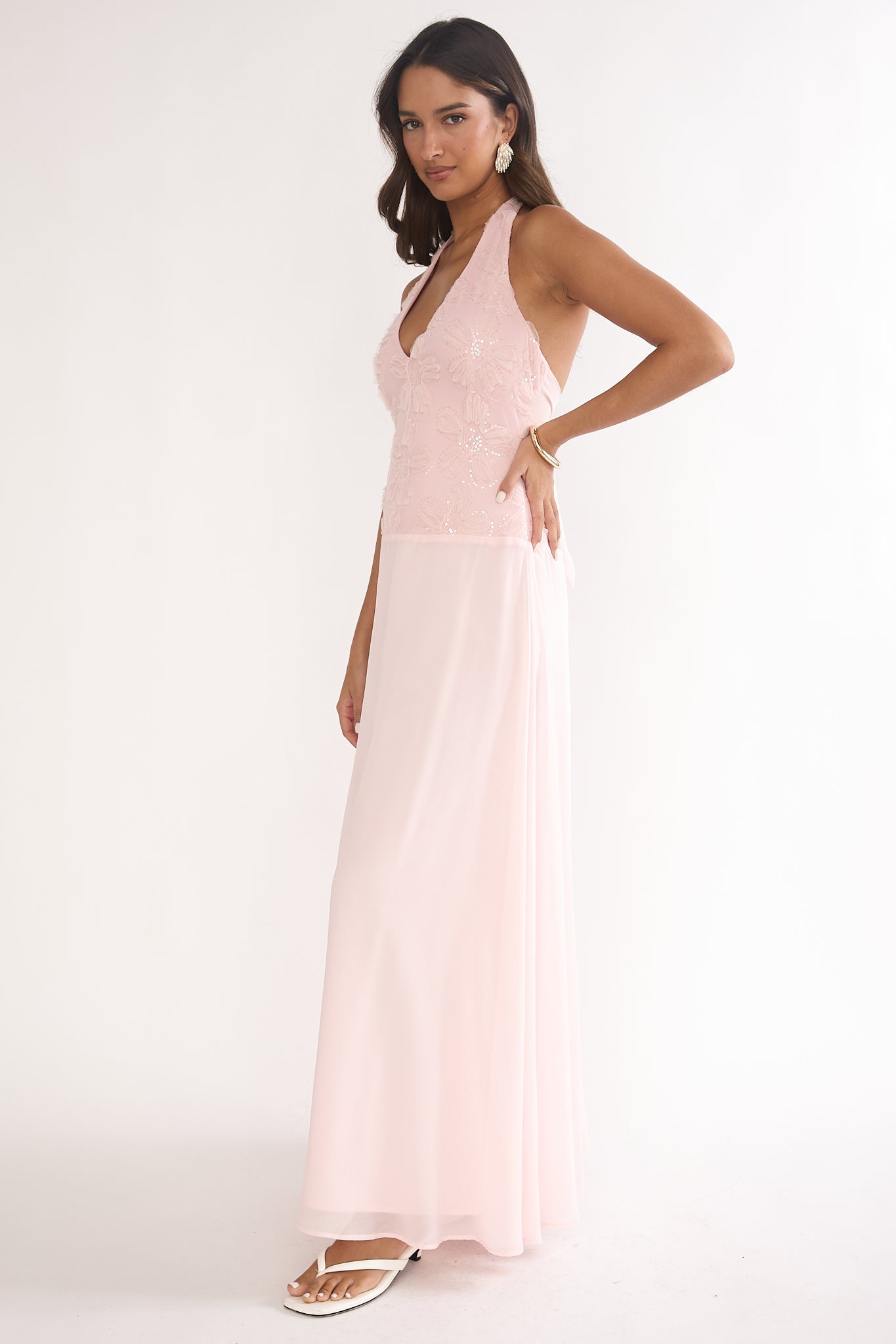 Blushing Belle Embellished Halter Maxi Dress Blush