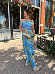 Beth Blue Mesh Drape Twist Maxi Dress