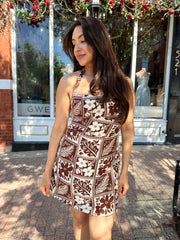 Brinn White & Brown Tropical Print Mini Dress