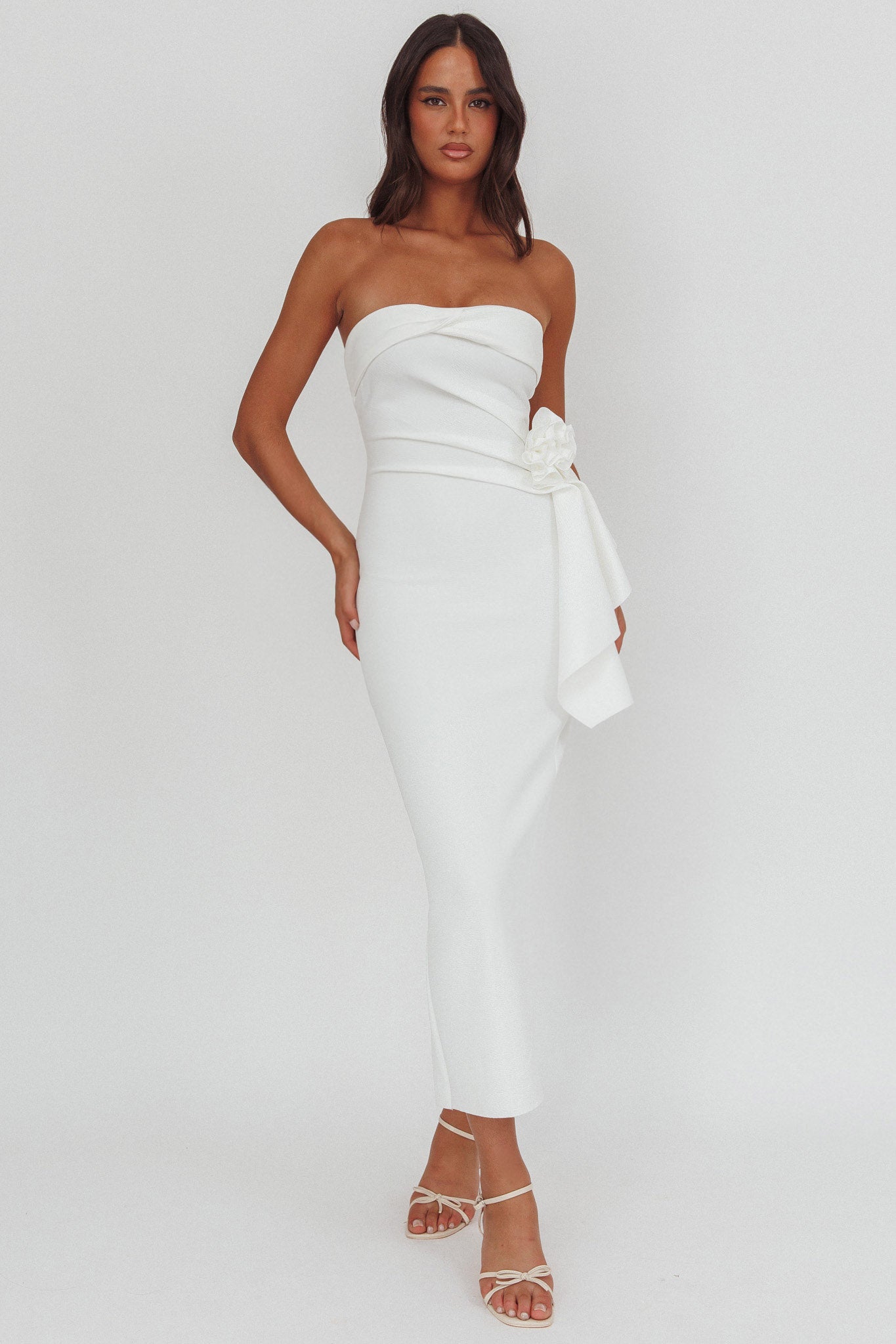 Sasha Cascade Ruffle Rosette Midi Dress White