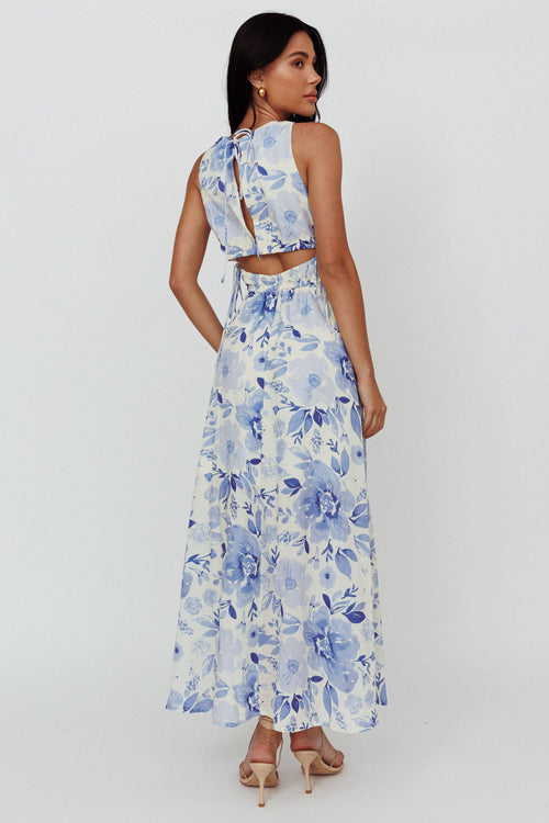 Perla V-Neck Drawstring Maxi Dress Floral Blue