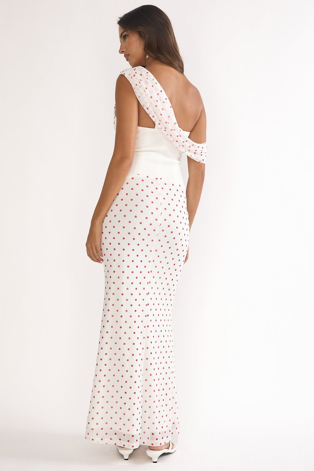 Milos Asymmetric Neckline Maxi Dress Polka Dot Red
