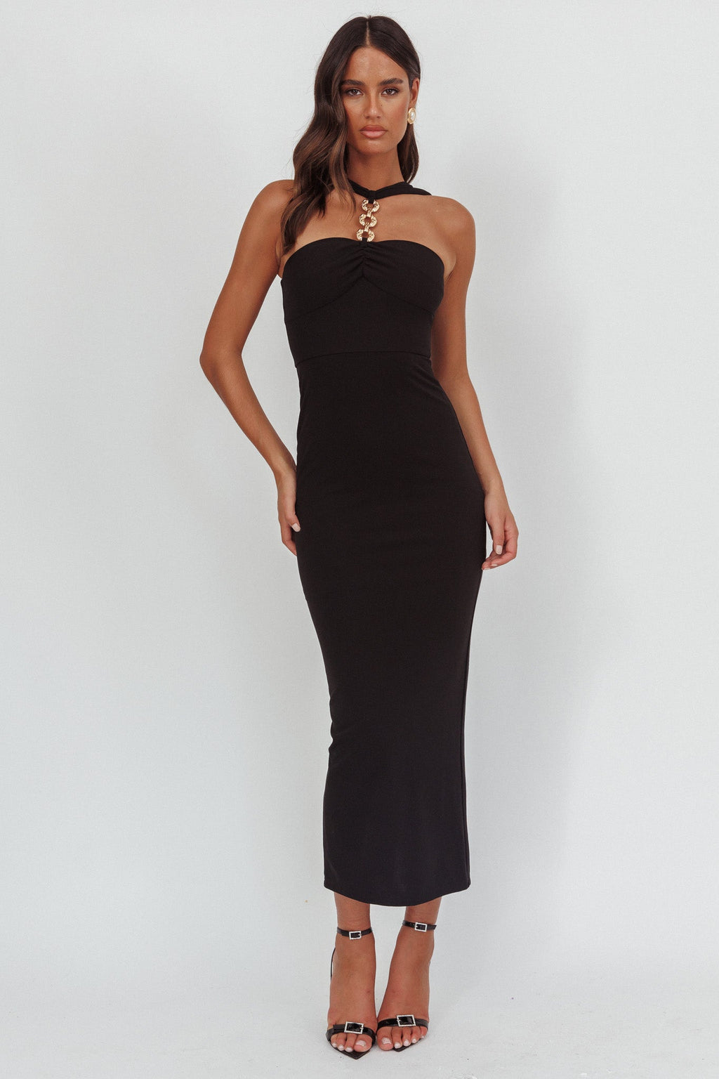 Maretha Gold Link Neckline Maxi Dress Black