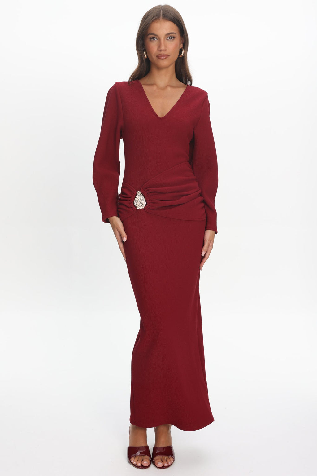 Briona Long Sleeve Buckle Maxi Dress Burgundy