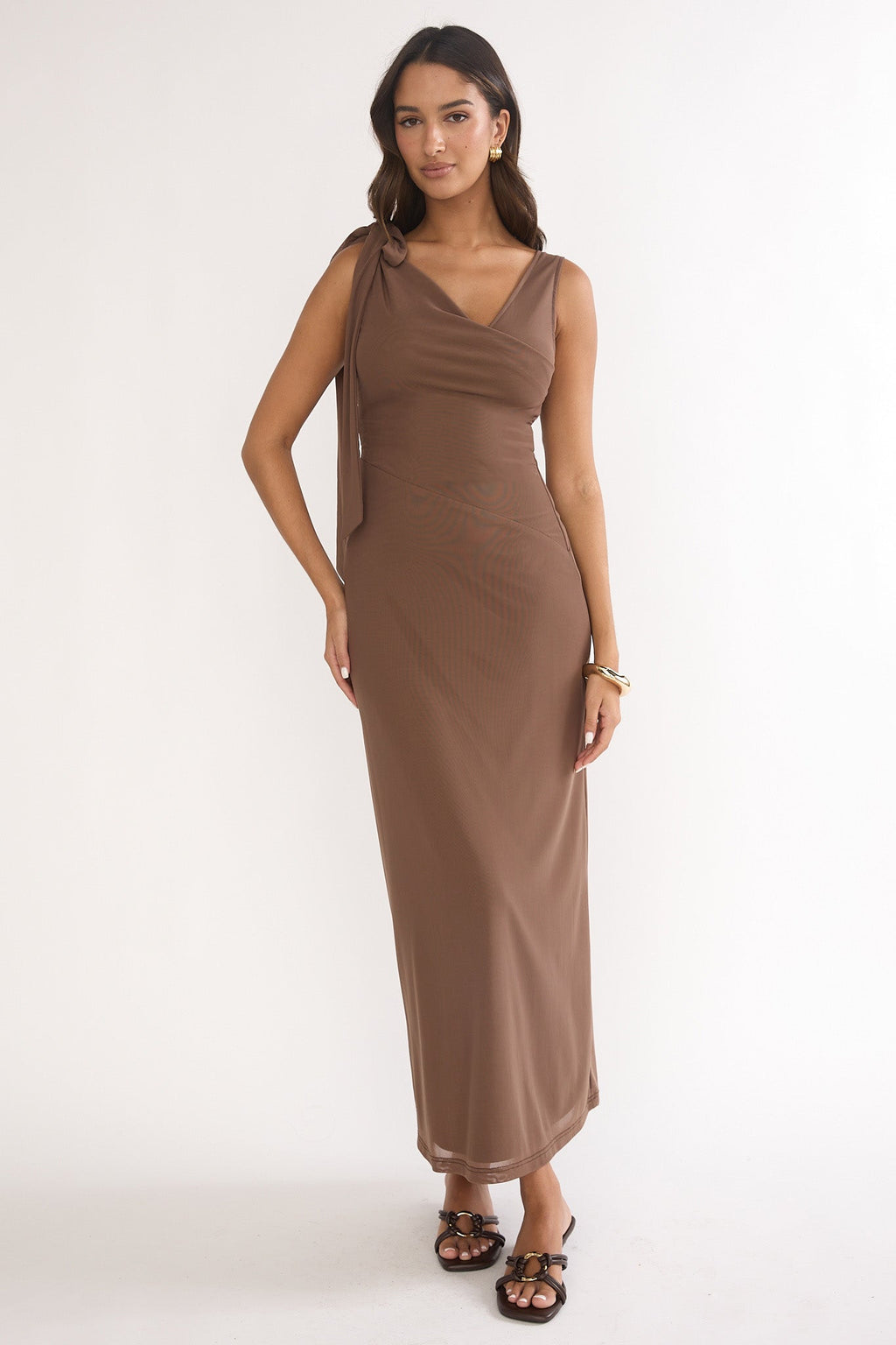 Cavelle Tie Shoulder Mesh Maxi Dress Chocolate