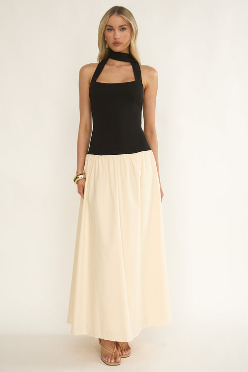 Elery Drop Waist Halter Maxi Dress Black/Cream
